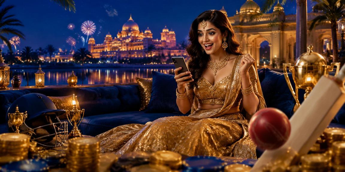 Indian player checking cricket betting odds on mobile with traditional lehenga backdrop