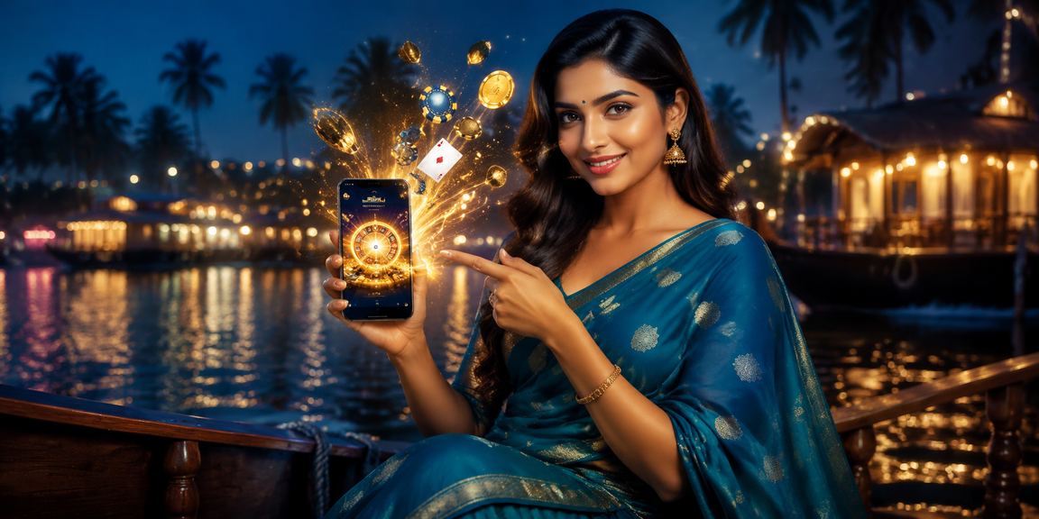Casino app promotion visual with traditional Kerala backwaters and saree
